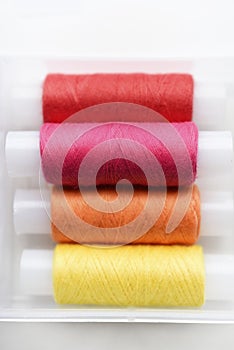 Multicolored skeins of thread in the set. The threads are in a plastic box