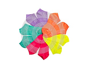 multicolored socks on a white isolated background.