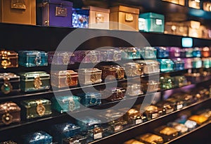 multicolored souvenir boxes decorated with semi-precious stones display in shop