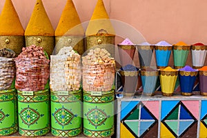 Multicolored spices at the market in Marrakech