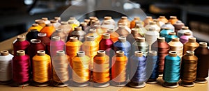 Multicolored spools of thread for sewing in a textile factory