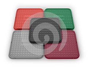 Multicolored square manholes on a white background.