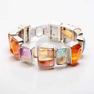 Multicolored Square Tourmaline Link Bracelet In Light Silver And Light Orange