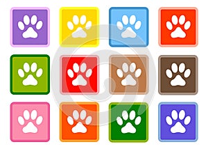 Multicolored squares with white paws icons set.