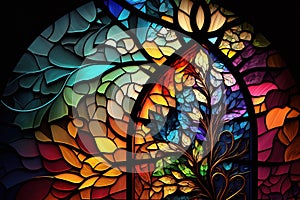 Multicolored stained glass window with irregular random block pattern. Generative illustration