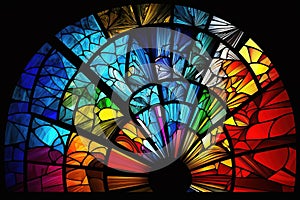 Multicolored stained glass window with irregular random block pattern. Generative illustration