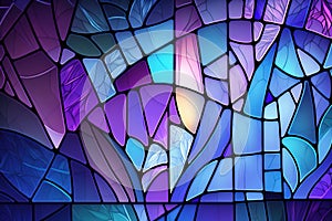Multicolored stained glass window with irregular random block pattern. Generative illustration