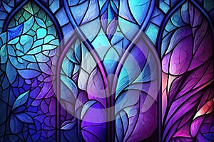 Multicolored stained glass window with irregular random block pattern. Generative illustration