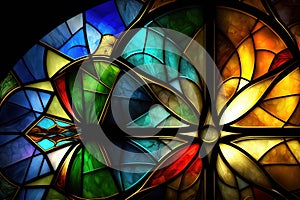 Multicolored stained glass window with irregular random block pattern. Generative illustration