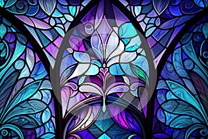 Multicolored stained glass window with irregular random block pattern. Generative illustration