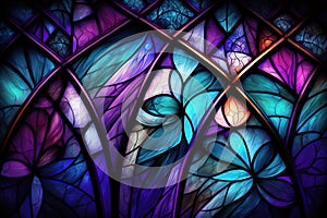 Multicolored stained glass window with irregular random block pattern. Generative illustration