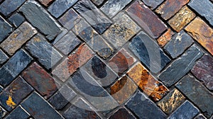 Multicolored stone brick wall herringbone pattern