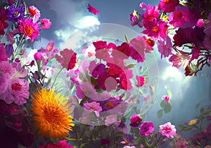 Multicolored summer flowers background with vivid intense colors. Generative Ai.