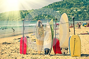 Multicolored surfboards at Kata Beach in Phuket Island