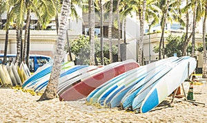 Multicolored surfboards at Waikiki Beach in Honolulu Hawaii