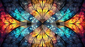 Multicolored symmetrical pattern in stained-glass window style. Computer-generated graphics. Generative AI