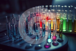 Multicolored test tubes in medical or chemical laboratory, scientific research. Generative AI