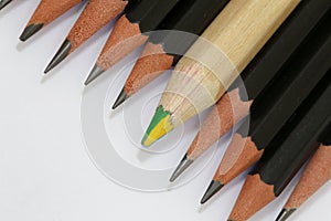 Multicolored pencil  in a group of black pencils photo