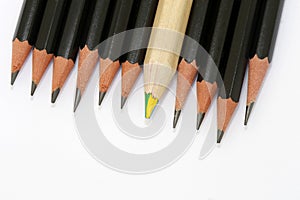 Multicolored pencil  in a group of black pencils photo