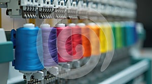 Multicolored Thread Spools on Industrial Embroidery Machine in Sewing Workshop