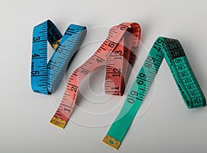 Multicolored threads, scissors and ruler.