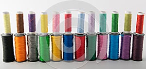 Multicolored threads, scissors and ruler.