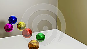 multicolored three-dimensional spheres are flying indoors. 3d render