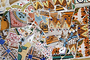 Multicolored tiles on the benches of Parc Guell