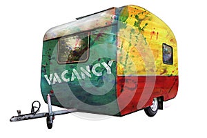 A multicolored trailer with caption Vacancy