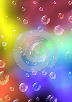 Multicolored transparent bubbles on a background of multi-colored transparent smoke