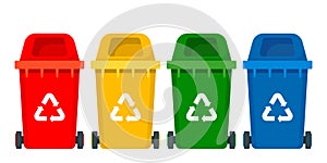 Multicolored trash bins with recycling symbols for e-waste, plastic, metal, glass, paper, organic trash. Vector illustration