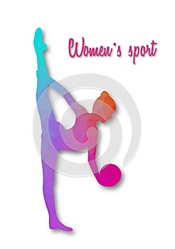 Multicolored triangular female silhouette doing rhytmic gymnastics exercises with ball. Women`s sports