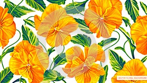 Botanical background with realistic yellow flowers of Pansies, Viola.