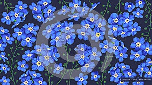 Large floral background with blue forget-me-not flowers in wallpaper for computer desktop, tablet, cell phone, social media covers