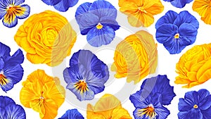 Floral vector background in yellow and blue tones. Realistic plants, drawn by hand.