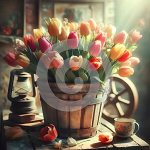 Multicolored tulips in vintage bucket, vintage scene, wooden background. Old style, vintage
