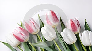 Multicolored tulips on white background. Space for text. Generative AI