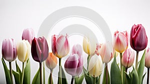 Multicolored tulips on white background. Space for text. Generative AI