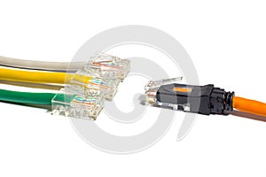 multicolored twisted pair cables with RJ45 on a white background