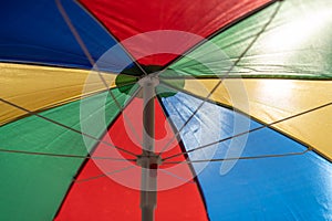 Multicolored umbrella open to the sun. Bottom view on the inside