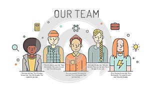 Multicolored vector work team illustration (women and men). Business design concept. Minimalistic design. Part three.