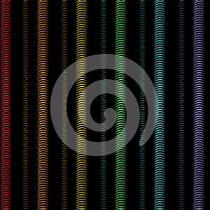 Multicolored vertical spiral stripes pipes, abstract seamless pattern, geometric ornament, grunge rainbow optical illusion.