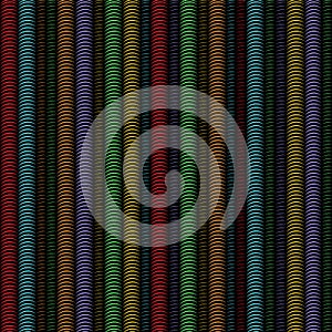 Multicolored vertical spiral stripes pipes, abstract seamless pattern, geometric ornament, grunge rainbow optical illusion.