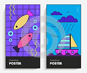 Multicolored vibrant brochures. Illustration with fish, clouds and a ship in the rain.