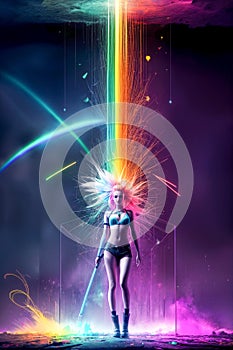 Multicolored vibrant color rainbow woman.Punk style.Dark tones.Chaos apocalypse.
