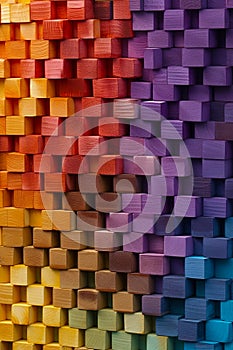 Multicolored wall of wooden blocks with rainbow of colors in the background. Generative AI