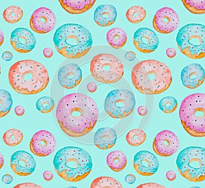 Multicolored watercolor donuts. Seamless pattern.