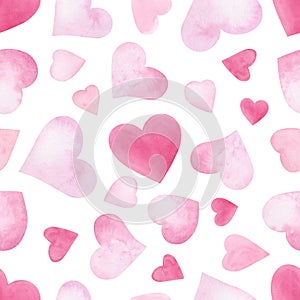 Multicolored watercolor hearts in pink shades on a white background, a seamless hand-drawn pattern.