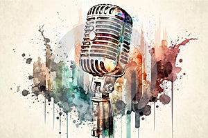 Multicolored Watercolor Retro Style Microphone On White - Generative AI