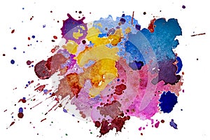 Multicolored watercolor splash texture blots background isolated. Grunge hand drawn blob, spot and droplets. Watercolour splatter